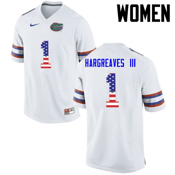 Women's NCAA Florida Gators Vernon Hargreaves III #1 Stitched Authentic USA Flag Fashion Nike White College Football Jersey MST1865WK